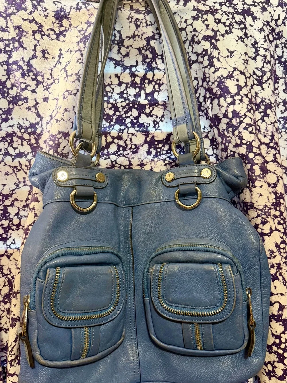 b. makowsky Blue Leather Hobo with Gold Hardware